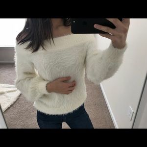 Off the shoulder fluffy sweater